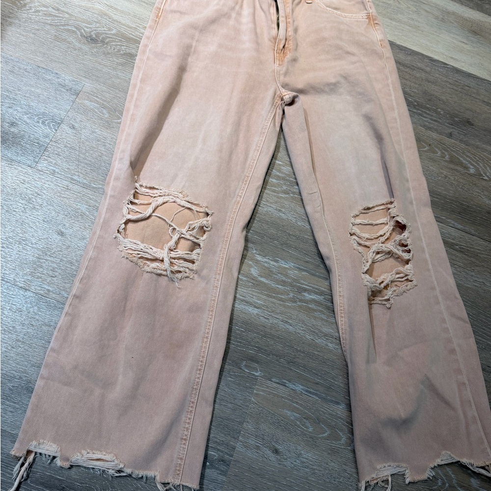 Peach Distressed Wide Leg Jeans
